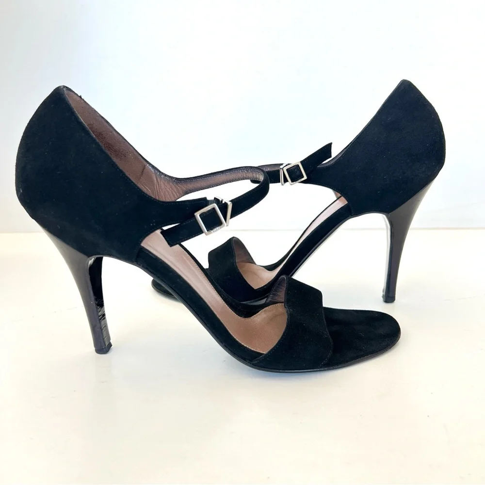 GUCCI Black Suede Interlocking Strap Closure Open Toe Classic Heel Sandal Sz 9 B